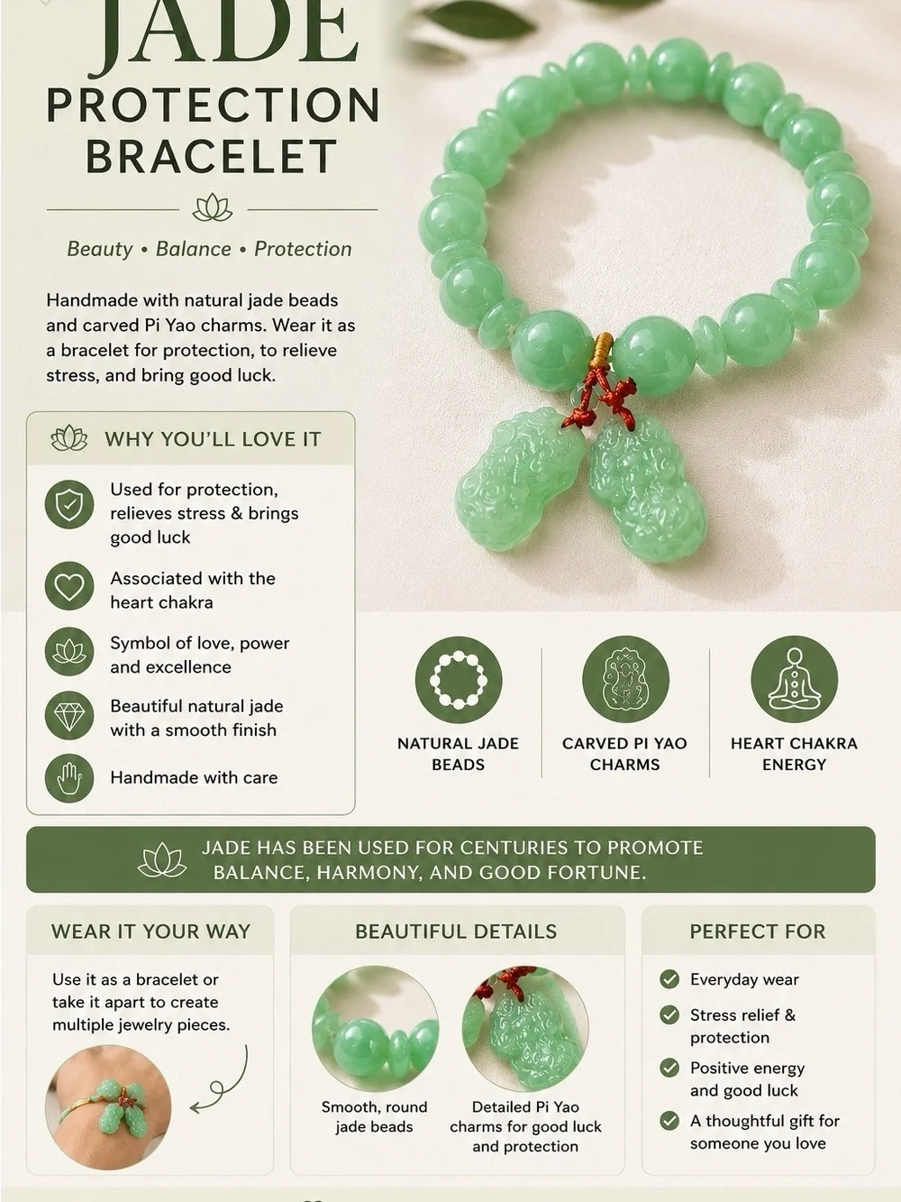 Natural Jade Protection Bracelet | Handmade | Pixiu Charms | Good Luck Bracelet